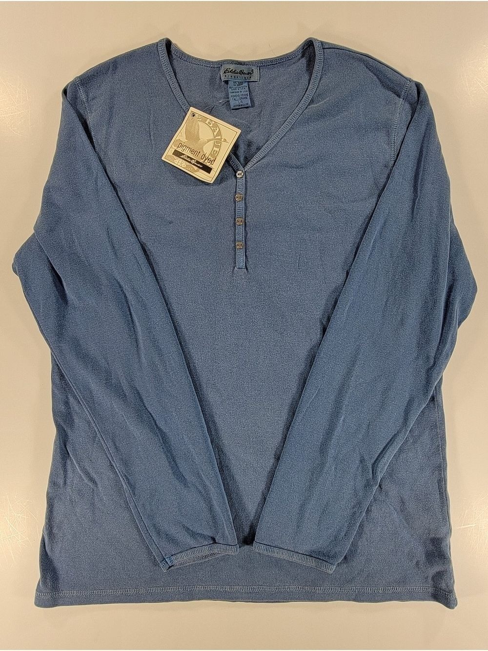 Eddie Bauer Women's Large Blue Knit Button Henley Top Shirt Vintage Made In USA